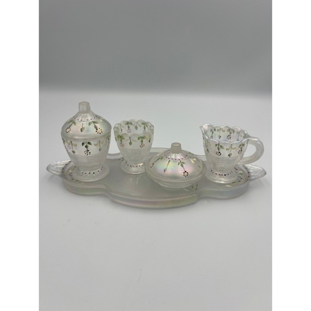 Fenton RARE Mini Tea Set Opalescent Hand Painted Glass Signed L Lucas Retired